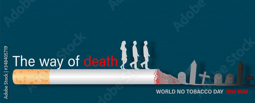 Cigarette burning with silhouette people walking to graveyard and slogan, World No Tobacco Day lettering on navy blue paper pattern background. All in paper cut style and banner vector design.