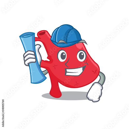 Cartoon character of heart brainy Architect with blue prints and blue helmet