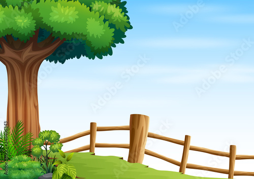 Illustration of a big tree inside a fence