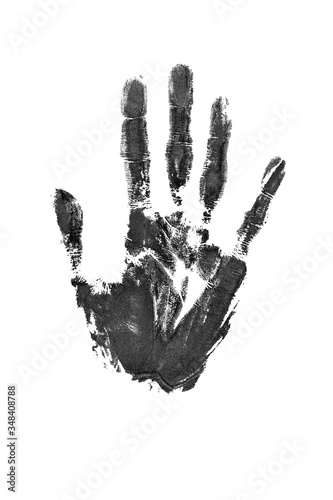 Black watercolor print of human hand white background isolated closeup, handprint illustration, monochrome palm and fingers silhouette mark, one hand shape painted stamp, drawing imprint, sign, symbol