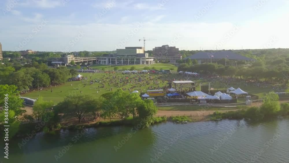 Crowd Gathering in Austin Texas and Colorado River. Aerial View Crowd Gathering in Austin Texas and Colorado River. Aerial View
