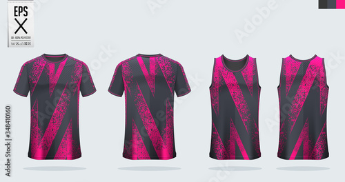 T-shirt mockup, sport shirt template design for soccer jersey, football kit. Tank top for basketball jersey or running singlet. Black, Pink Sport uniform in front view, back view. Vector Illustration.