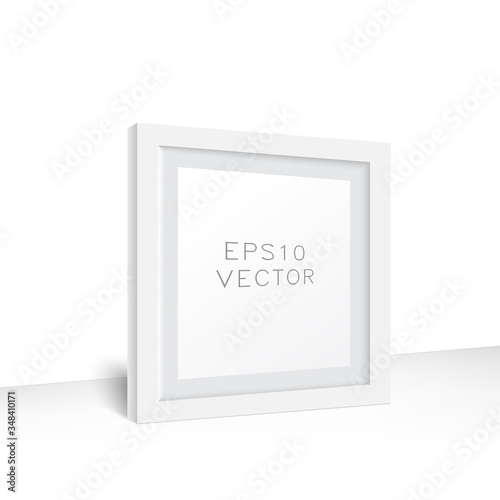 Realistic white wooden photo frame in front of the wall. White Square Photo Frame Mockup, Vector