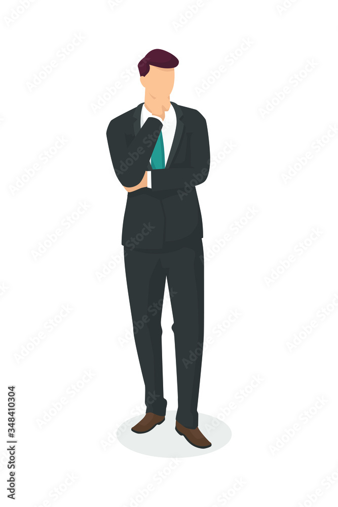 Standing business man in modern style vector illustration, person simple flat shadow isolated on white background. Standing business man in modern style vector illustration, person simple flat shadow isolated on white background.