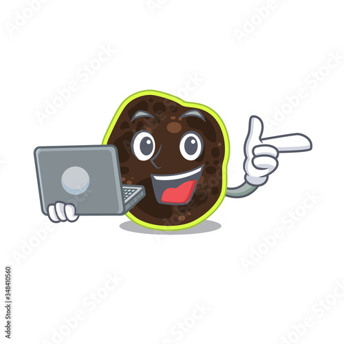 Smart cartoon character of firmicutes studying at home with a laptop