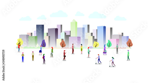 People keep distance from each other and wearing face mask prevention from disease outbreak vector illustration. Concept of new normal after COVID-19 pandemic. Isolated, white background.