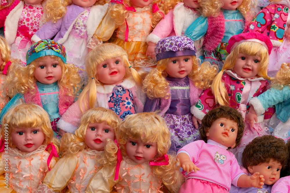 Beautiful cute girl baby dolls for sale at retail shop at Christmas market, New Market area, Kolkata, West Bengal, India. Beautiful cute girl baby dolls for sale at retail shop at Christmas market, New Market area, Kolkata, West Bengal, India.