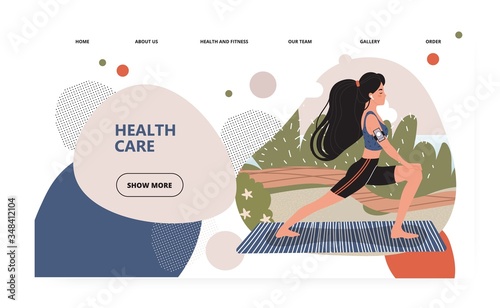 Woman exercise outdoor in a park. Stretching girl on yoga mat. Fitness and healthy lifestyle concept illustration. Vector web site design template. Landing page website illustration