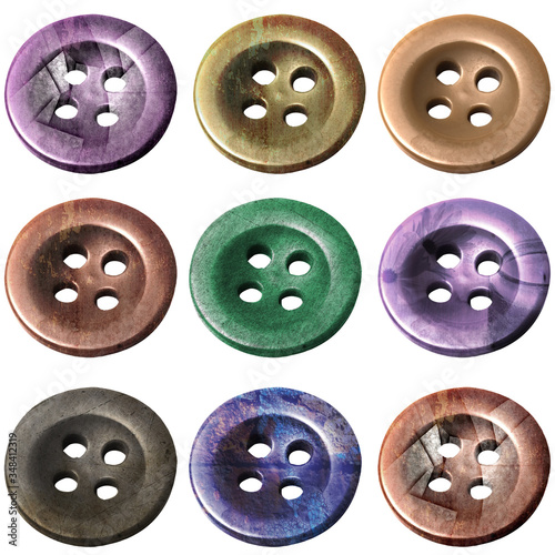  multicolored real buttons with differnt textures on white background for scrapbook.
