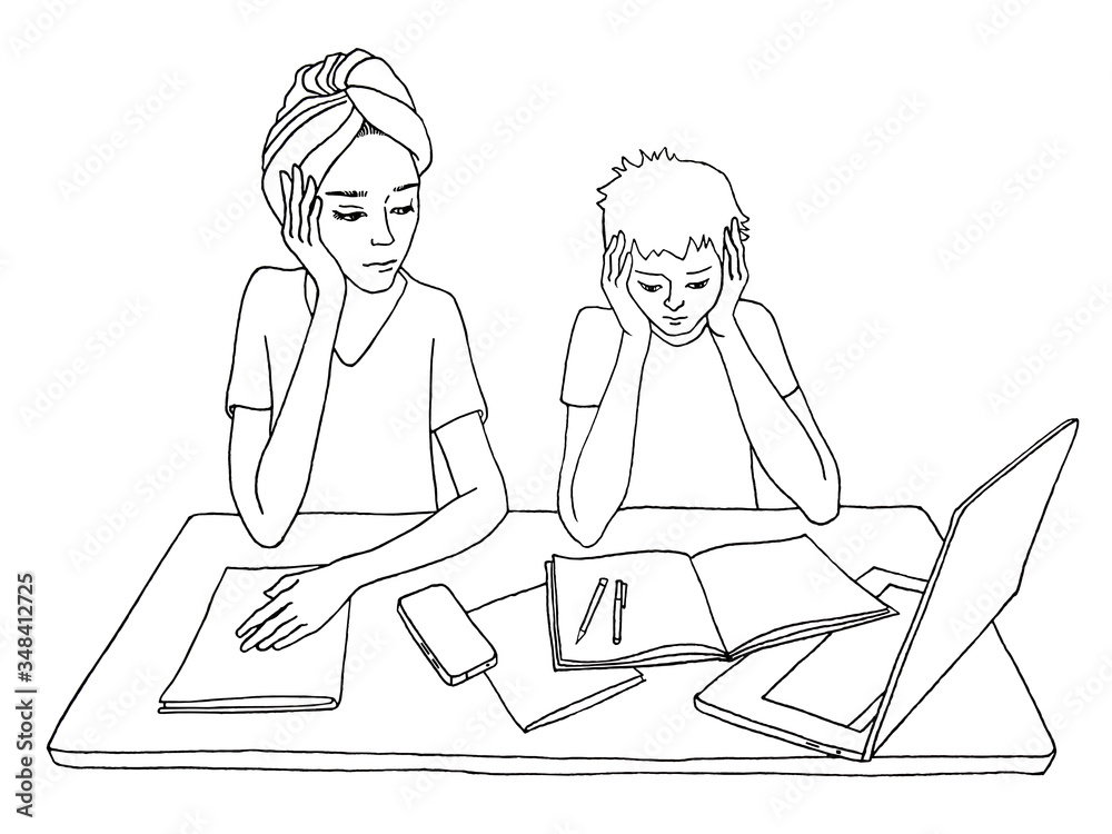 Mother and son are doing homework. Distance learning in quarantine. Stay at home. Self-isolation black pen art line illustration 