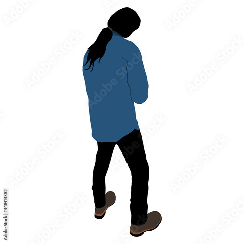 Standing young man with pony tail in casual clothes from back. Isolated vector illustration. 