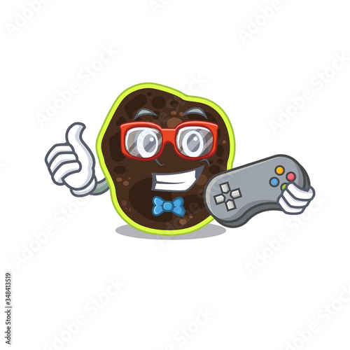 Mascot design style of firmicutes gamer playing with controller