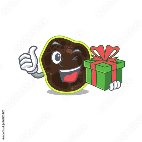 joyful firmicutes cartoon character with a big gift box