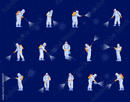 Disinfecting workers wear protective masks and spacesuits against pandemic coronavirus or covid-19 sprays. Cartoon, flat style vector illustration
