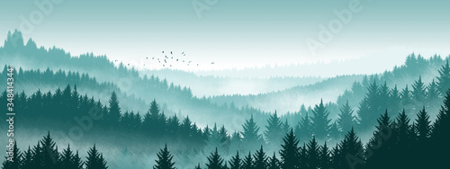 Pine forest illustration background in green Mountains，Forest illustration © oliverzs