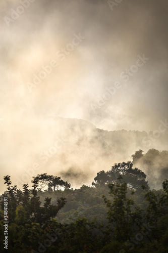 Clouds fell on the mountains during the rain.