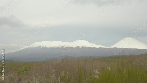 Views of Mount Ngauruhoe, Tongariro, and more looking Eastward - Cloudy Day - In grassy field// Panning Shot photo