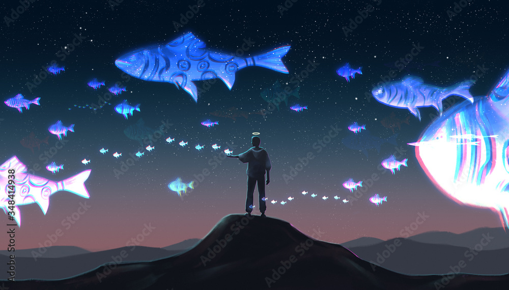 A man stood on the top of the mountain watching the glowing fish flying in the sky. Surrealist painting, digital painting