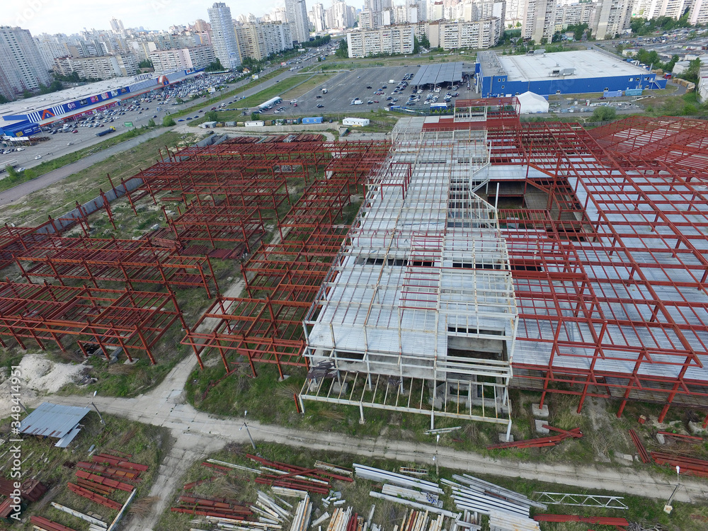 Abandoned construction site of commercial center in Kiev (drone image).
