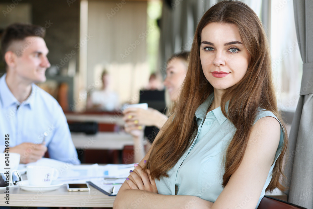 Beautiful smiling cheerful girl at workplace Beautiful smiling cheerful girl at workplace