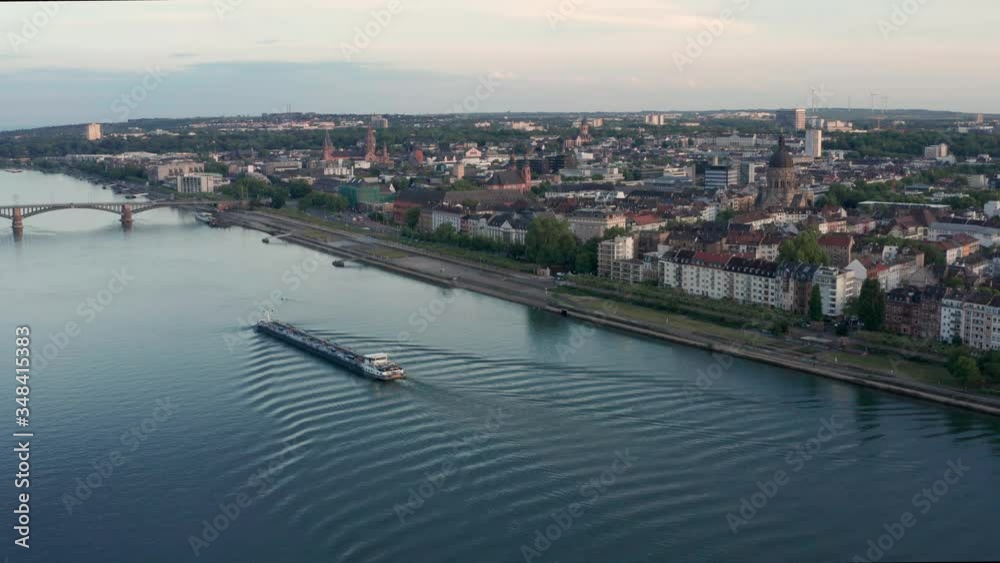 Drone Aerial flight over Mainz Germany from the East showing Christus Church and Dome of Mainz Drone Aerial flight over Mainz Germany from the East showing Christus Church and Dome of Mainz