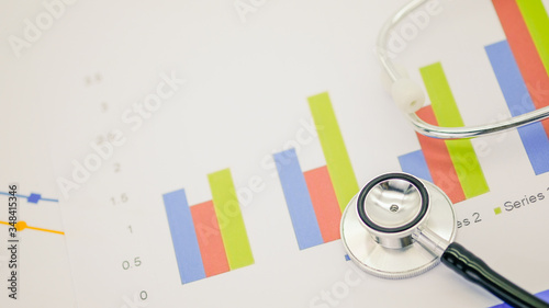 Closeup of stethoscope on paper graph and white background with copy space for text.