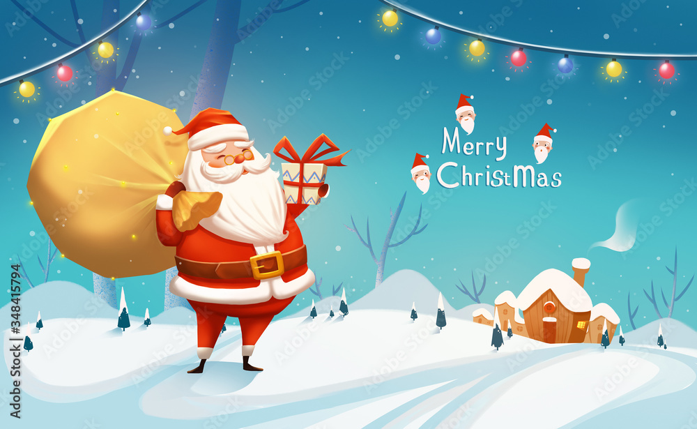 Santa Claus holding a gift smiling illustration outdoors. Christmas creative illustration poster