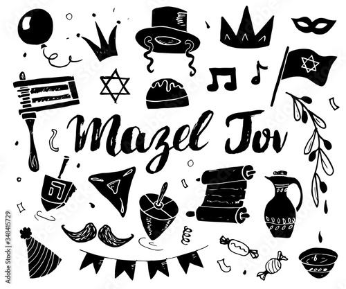 Mazel tov lettering, Jewish holiday hand drawn items set, vector illustration