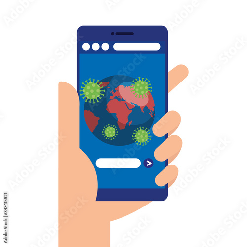 hand human using smartphone with earth planet of covid19 vector illustration design