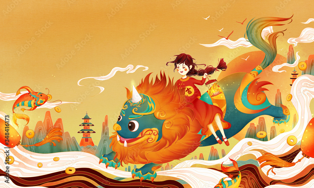 The girl on the back of the Nian Beast is surrounded by gold coin carps and lanterns. The girl on the back of the Nian Beast is surrounded by gold coin carps and lanterns.