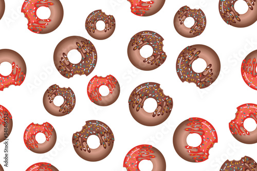 Seamless pattern with colorful donuts in icing on a white background. View from above.