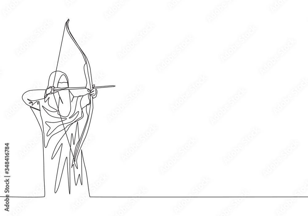 One single line drawing of young beauty saudi arabian muslimah wearing burqa and aiming archery arrow. Traditional Arabian woman niqab cloth concept continuous line draw design vector illustration