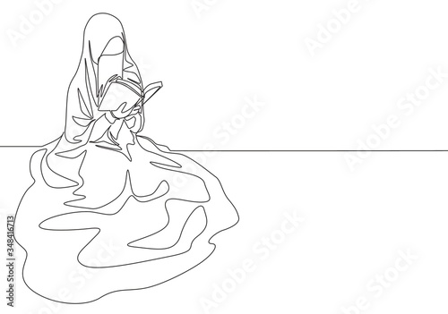 One continuous line drawing of young pretty saudi arabian muslimah wearing burqa reading a book on the floor. Traditional Islamic woman niqab dress concept single line draw design vector illustration