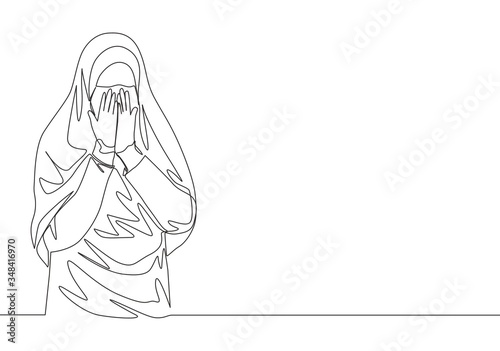 Single continuous line drawing of young cute saudi arabian muslimah wearing burqa and covering face with hands. Traditional muslim woman niqab hijab concept one line draw design vector illustration