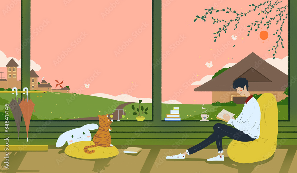 A man reading in front of a French window in a sunny room. A man reading in front of a French window in a sunny room.