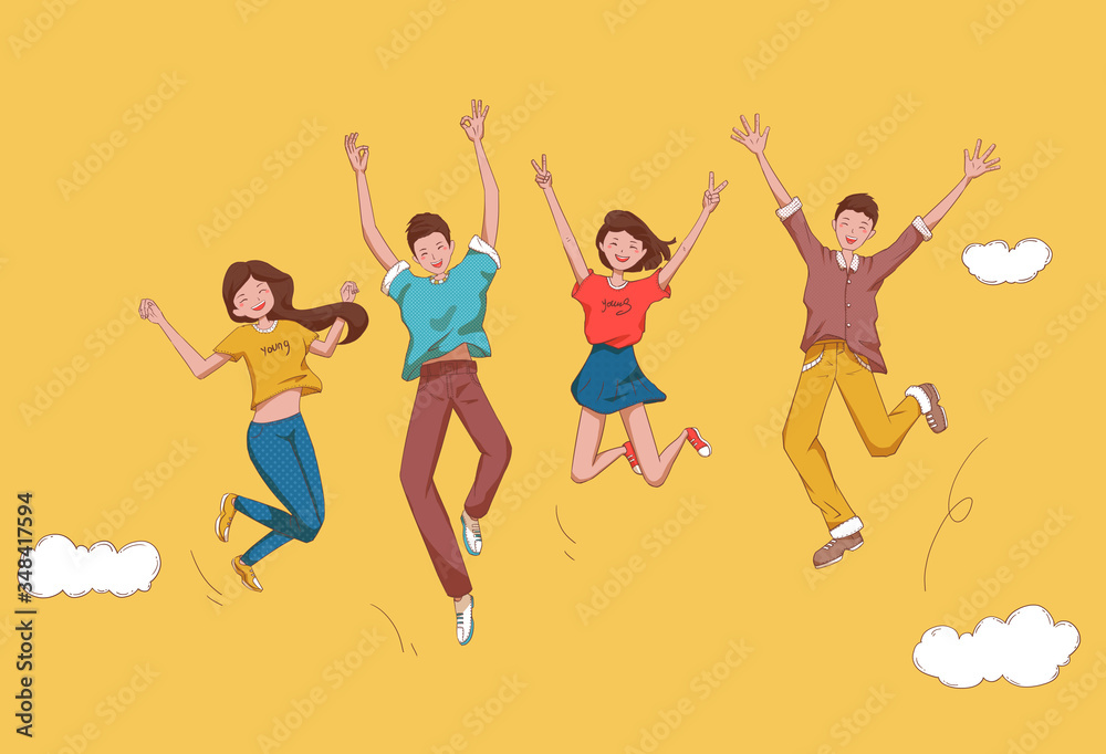 Four young men and women are cheering and jumping Four young men and women are cheering and jumping