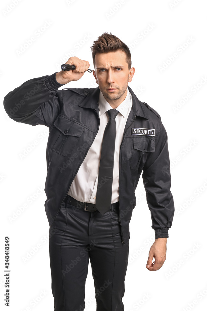 Male security guard with flashlight on white background Male security guard with flashlight on white background
