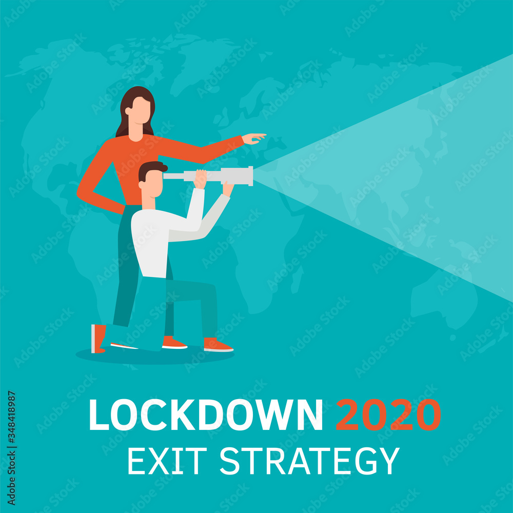 Vector flat style illustration of a man and woman with telescope. Lockdown 2020 exit strategy. Quarantine end, self isolation exit. People, coronavirus. Lifting lockdown plan