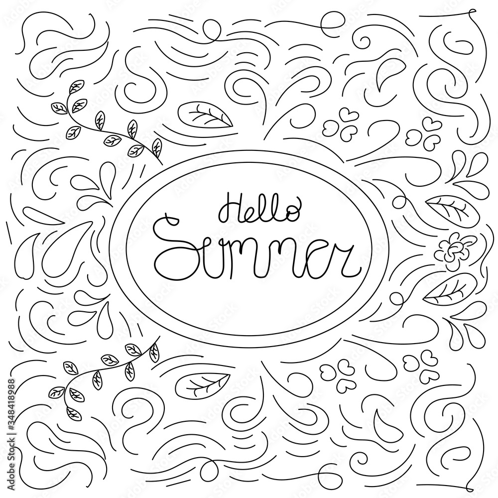Lineart Hello summer doodle set decoration element. Pattern Summer Doodle vector illustration background