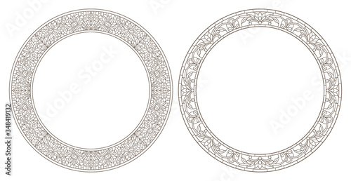 Set contour illustrations of stained glass with floral framework,dark outline on white background