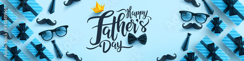 Father's Day poster or banner template with necktie,glasses and gift box on blue background.Greetings and presents for Father's Day in flat lay styling.Promotion and shopping template for love dad