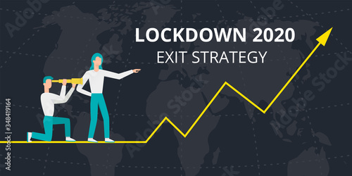 Vector flat style illustration of a man and woman with telescope. Lockdown 2020 exit strategy. Quarantine end, self isolation exit. People, coronavirus. Lifting lockdown plan