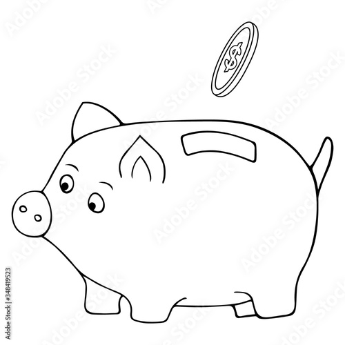 Piggy piglet. A dollar coin falls into the hole. Vector illustration. Contour on an isolated white background. Doodle style. Sketch. Coloring book for children. The accumulation of finance. 