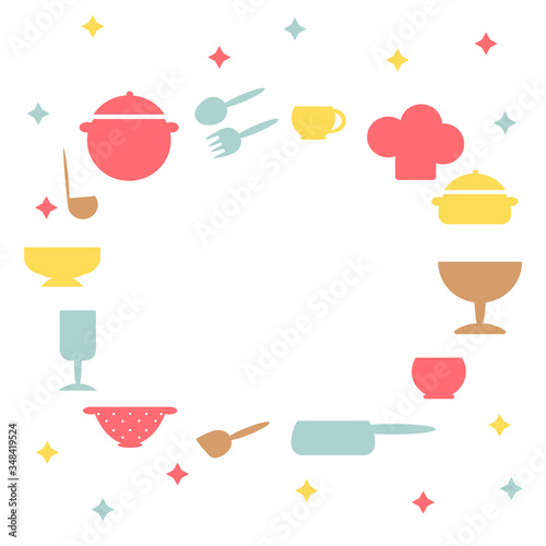 Cooking food frame template for food with Cutlery, kitchen accessories. Hand-drawn Cutlery. Space for text. Vector illustration