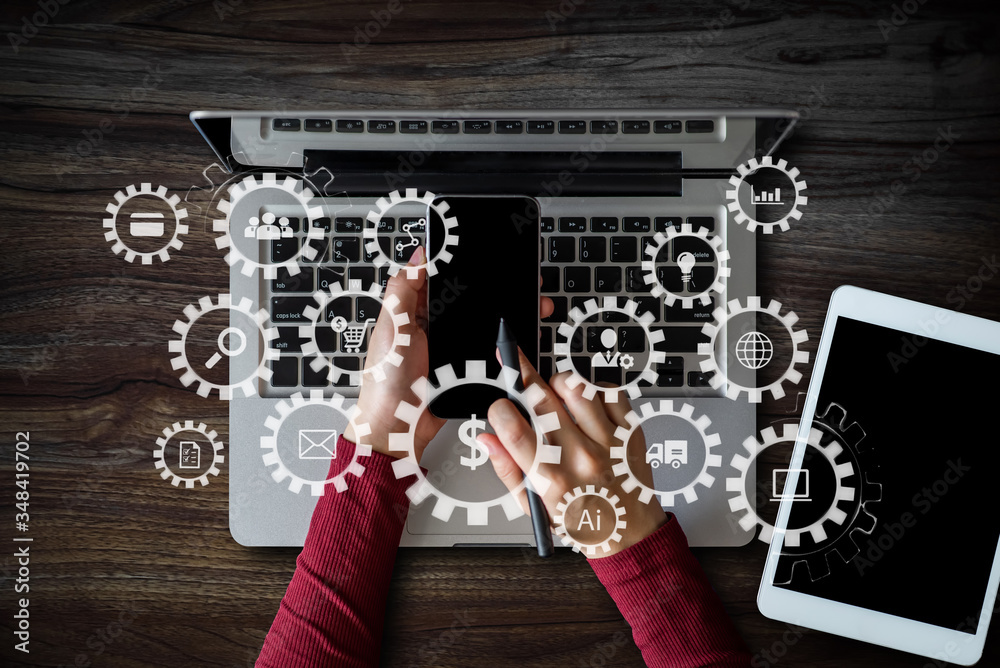 E-learning with connected gear cogs connected diagram virtual dashboard ...