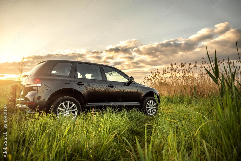 car on the road.
off road vehicle isolated. black suv car