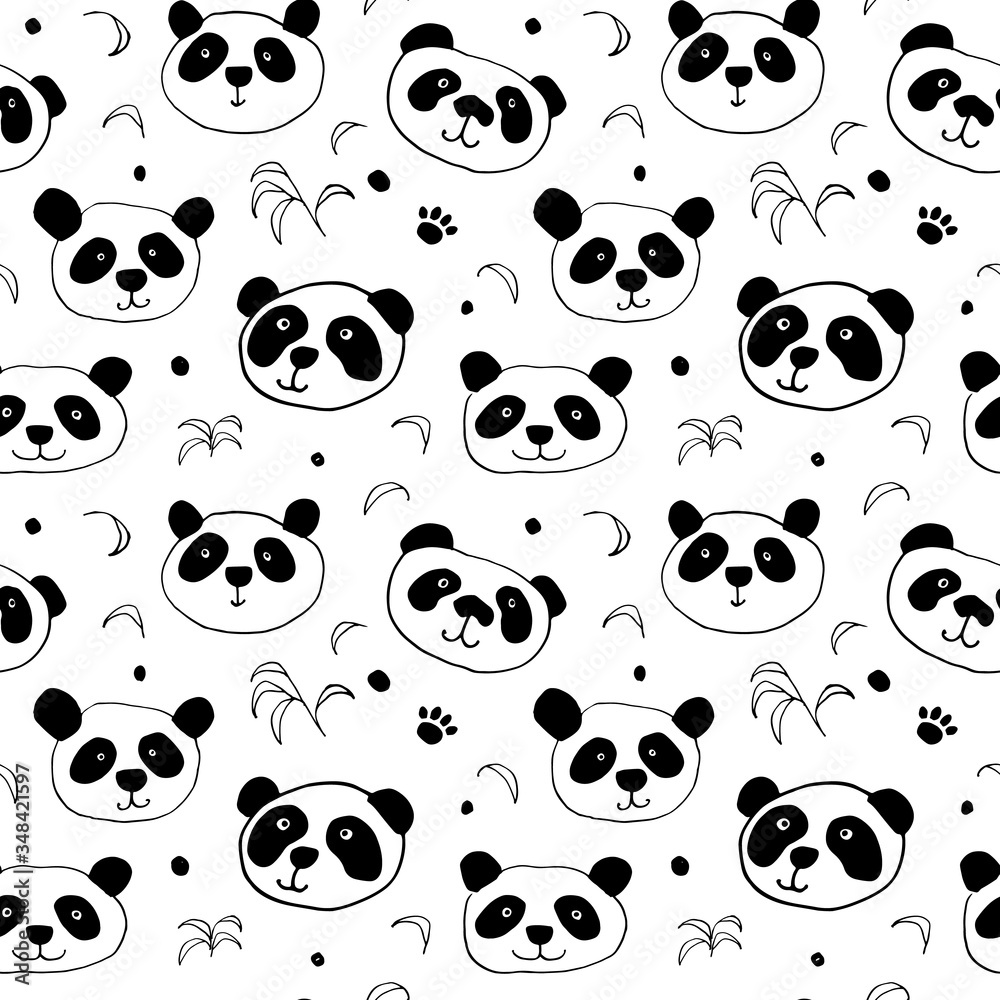 Fototapeta premium Cute Panda bear Seamless pattern. Cute Animals doodle, Hand drawn Cartoon Vector illustration