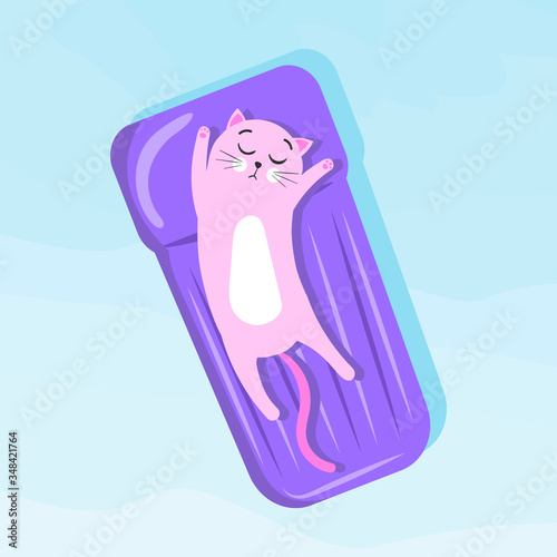 Cute cartoon cat swims in the pool on an inflatable mattress for swimming. Vector illustration isolated on a white background.