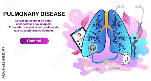 Doctor examines huge lungs desease and microscope. Obstructive pulmonary disease, chronic bronchitis and emphysema concept on white background.