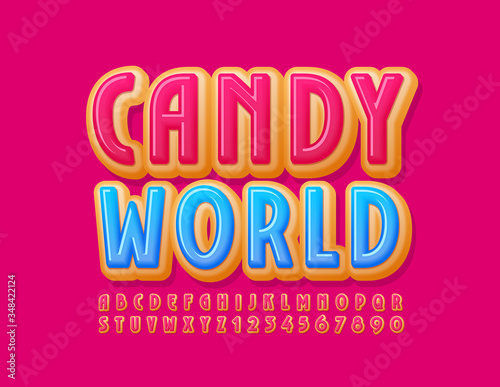 Vector bright logo Candy World with Pink Icing Font. Elegant Donut Alphabet Letters and Numbers